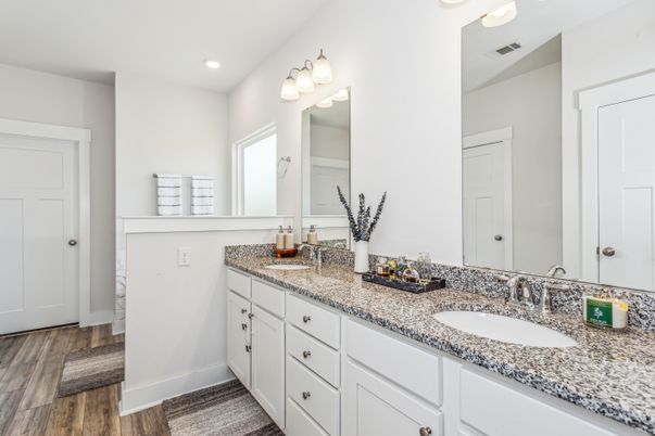 Bathroom, Dual Sink Vanities, Interior, Recessed Lighting, Wood Texture Flooring