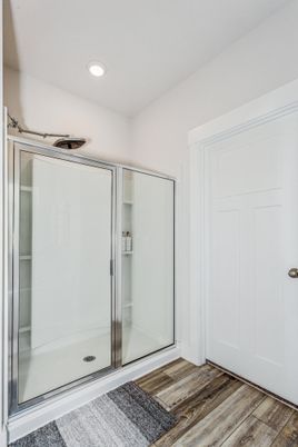 Bathroom, Glass Shower, Interior, Recessed Lighting, Wood Texture Flooring