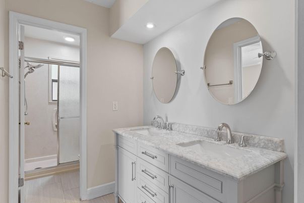 Bathroom, Dual Sink Vanities, Glass Shower, Interior, Recessed Lighting