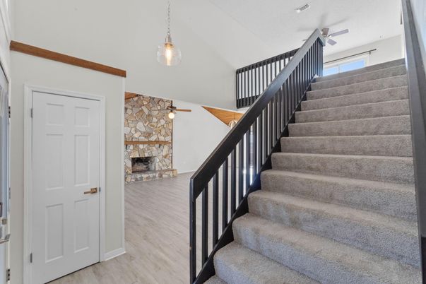 Fireplace, Interior, Pendant Lights, Wood Texture Flooring