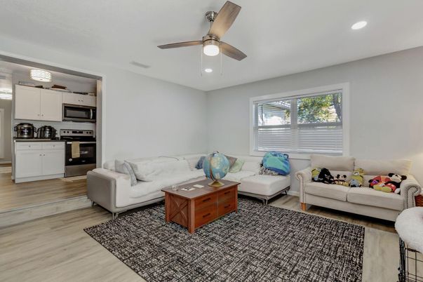 Interior, Kitchen, Living room, Recessed Lighting, Stainless Steel Appliances, Wood Texture Flooring