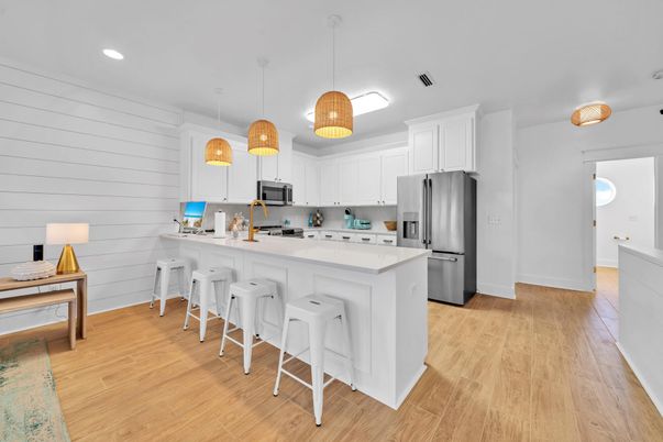 Interior, Kitchen, Pendant Lights, Recessed Lighting, Stainless Steel Appliances, Wood Texture Flooring