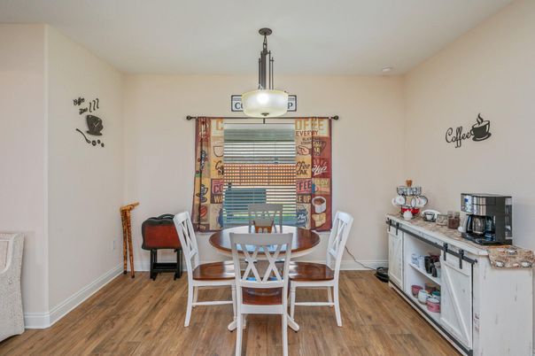 Dining room, Interior, Pendant Lights, Wood Texture Flooring