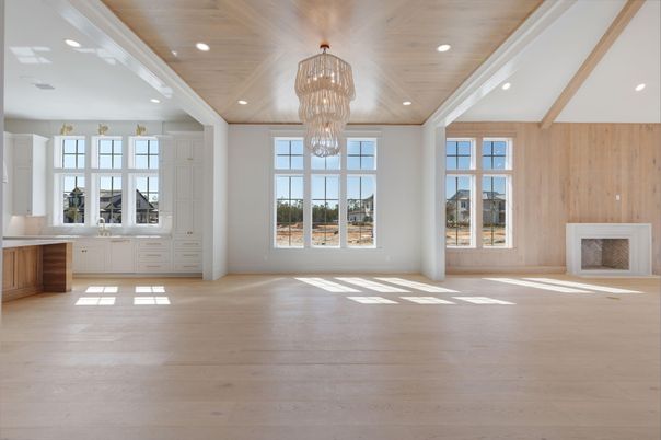Chandelier, Empty room, Interior, Recessed Lighting, Wooden Beams, Wooden Ceilings, Wood Texture Flooring