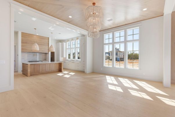 Chandelier, Interior, Kitchen, Pendant Lights, Recessed Lighting, Wooden Ceilings, Wood Texture Flooring