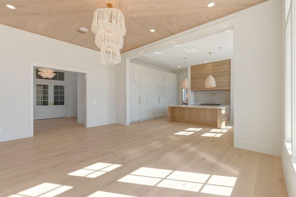 Chandelier, Interior, Kitchen, Pendant Lights, Recessed Lighting, Wooden Ceilings, Wood Texture Flooring