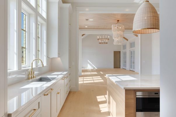 Chandelier, Interior, Kitchen, Recessed Lighting, Wooden Ceilings, Wood Texture Flooring