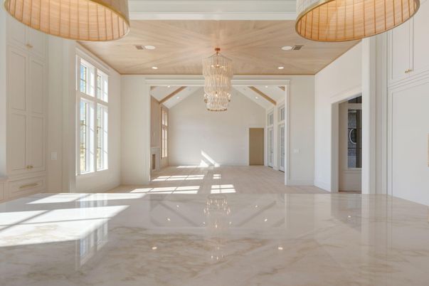 Chandelier, Empty room, Interior, Recessed Lighting, Wooden Ceilings