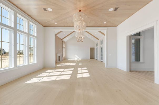 Chandelier, Empty room, Interior, Recessed Lighting, Wooden Ceilings, Wood Texture Flooring