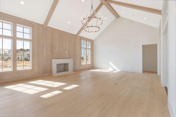 Chandelier, Empty room, Fireplace, Interior, Pendant Lights, Recessed Lighting, Wooden Beams, Wood Texture Flooring, Wooden Walls