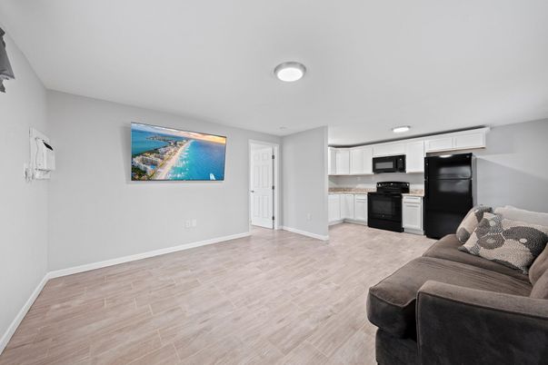 Interior, Kitchen, Living room, Recessed Lighting, Stainless Steel Appliances, Wood Texture Flooring