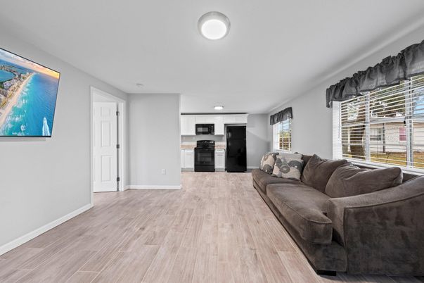 Interior, Kitchen, Living room, Recessed Lighting, Stainless Steel Appliances, Wood Texture Flooring