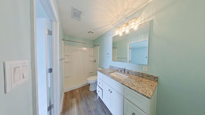 Bathroom, Glass Shower, Interior, Wood Texture Flooring