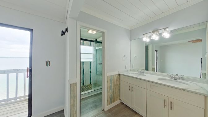 Bathroom, Dual Sink Vanities, Glass Shower, Interior, Wood Texture Flooring