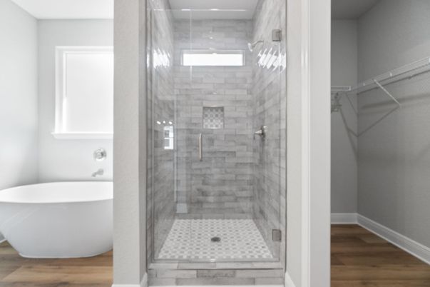 Bathroom, Free Standing Baths, Glass Shower, Interior, Recessed Lighting, Wood Texture Flooring