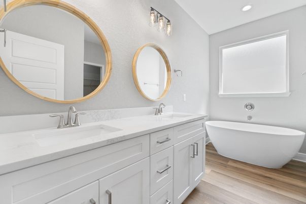 Bathroom, Dual Sink Vanities, Free Standing Baths, Interior, Recessed Lighting, Wood Texture Flooring