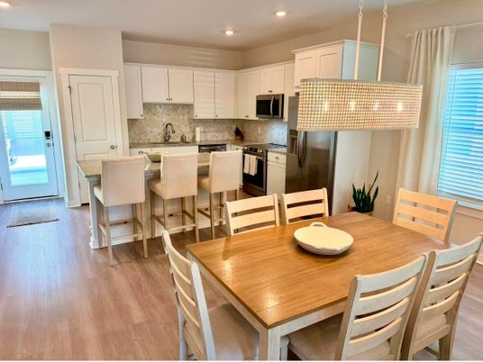 Dining room, Interior, Kitchen, Recessed Lighting, Stainless Steel Appliances, Wood Texture Flooring