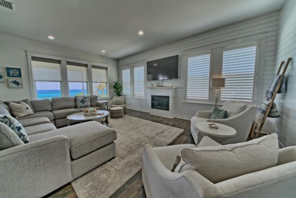 Fireplace, Interior, Living room, Recessed Lighting, Water, Wood Texture Flooring