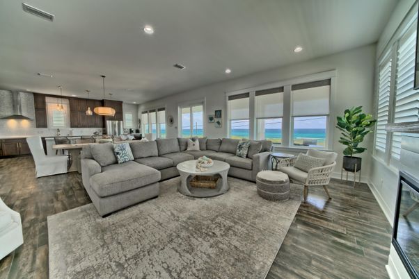 Dining room, Interior, Kitchen, Living room, Pendant Lights, Recessed Lighting, Stainless Steel Appliances, Water, Wood Texture Flooring