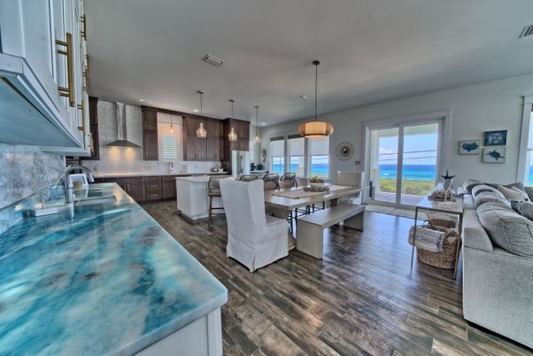 Dining room, Interior, Kitchen, Pendant Lights, Recessed Lighting, Water, Wood Texture Flooring