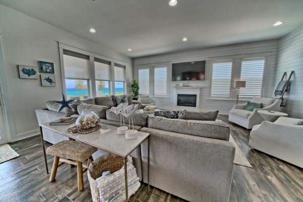 Fireplace, Interior, Living room, Recessed Lighting, Water, Wood Texture Flooring