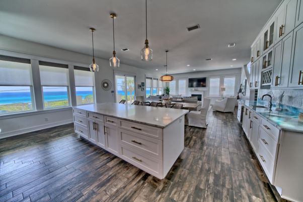 Dining room, Interior, Kitchen, Living room, Pendant Lights, Recessed Lighting, Water, Wood Texture Flooring