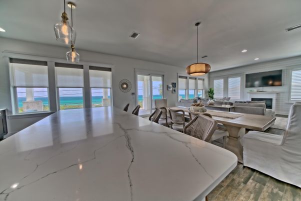 Dining room, Fireplace, Interior, Living room, Pendant Lights, Recessed Lighting, Water