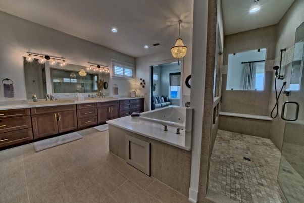 Bathroom, Dual Sink Vanities, Glass Shower, Interior, Pendant Lights, Recessed Lighting