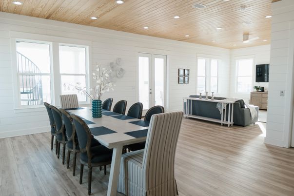 Dining room, Interior, Recessed Lighting, Wooden Ceilings, Wood Texture Flooring