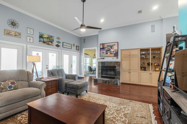 Fireplace, Interior, Living room, Recessed Lighting, Wood Texture Flooring