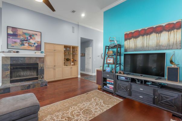 Fireplace, Interior, Recessed Lighting, Wood Texture Flooring