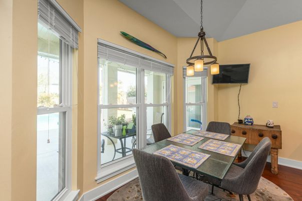 Dining room, Interior, Pendant Lights, Wood Texture Flooring