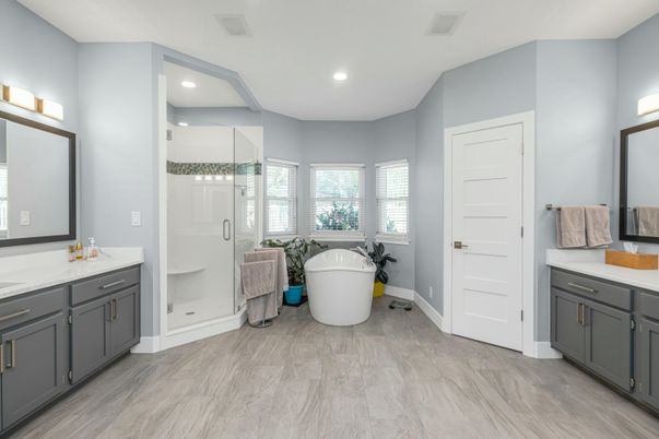 Bathroom, Dual Sink Vanities, Free Standing Baths, Glass Shower, Interior, Marble, Recessed Lighting