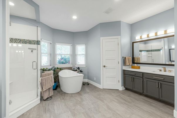 Bathroom, Dual Sink Vanities, Free Standing Baths, Interior, Recessed Lighting, Wood Texture Flooring