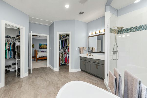Bathroom, Dual Sink Vanities, Interior, Recessed Lighting, Walk-in Closets