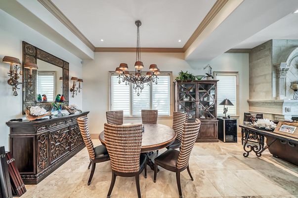 Chandelier, Dining room, Fireplace, Interior, Recessed Lighting
