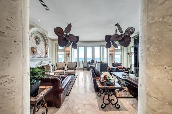 Fireplace, Interior, Living room, Recessed Lighting, Stone Walls, Water