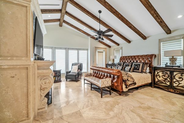 Bedroom, Fireplace, Interior, Recessed Lighting, Wooden Beams