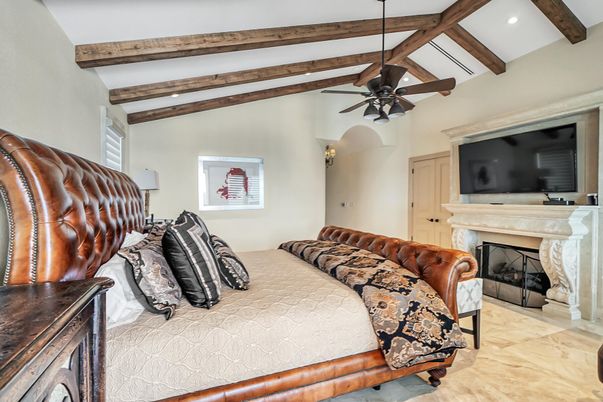 Bedroom, Fireplace, Interior, Recessed Lighting, Wooden Beams