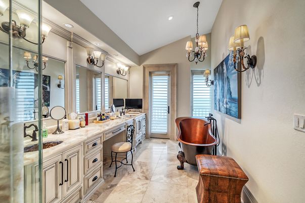 Bathroom, Chandelier, Dual Sink Vanities, Free Standing Baths, Interior, Recessed Lighting