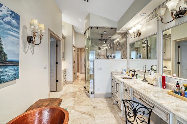Bathroom, Dual Sink Vanities, Glass Shower, Interior, Recessed Lighting