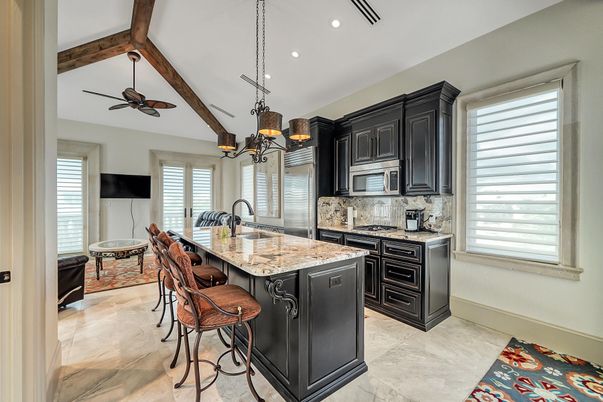 Chandelier, Interior, Kitchen, Pendant Lights, Recessed Lighting, Stainless Steel Appliances, Wooden Beams
