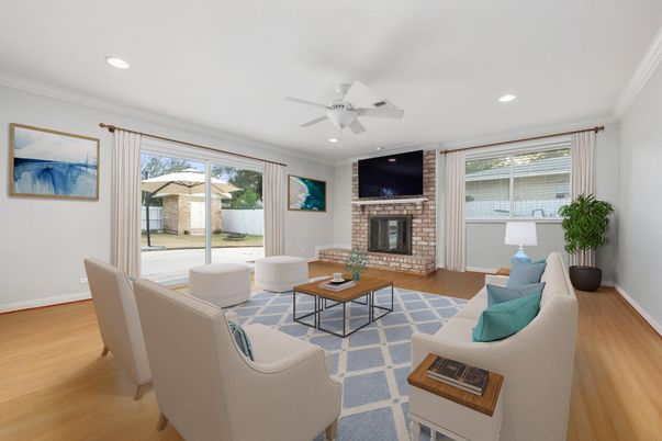 Fireplace, Interior, Living room, Recessed Lighting, Stone Walls, Wood Texture Flooring