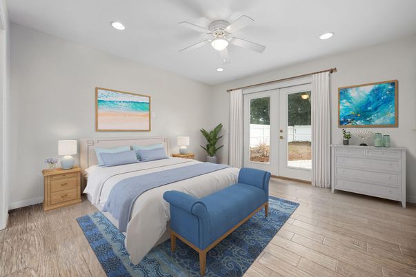 Bedroom, Interior, Recessed Lighting, Wood Texture Flooring