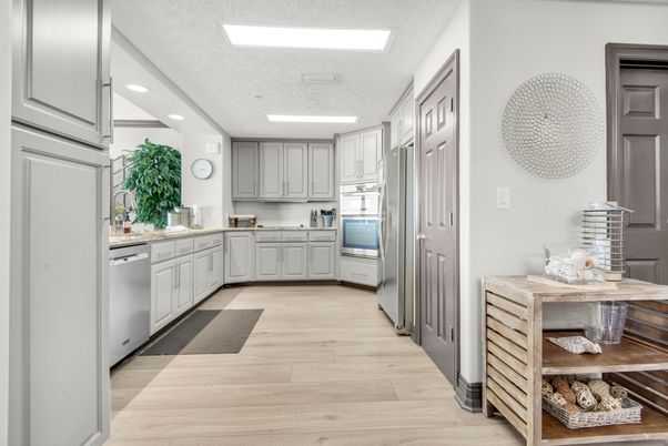 Interior, Kitchen, Recessed Lighting, Stainless Steel Appliances, Wood Texture Flooring