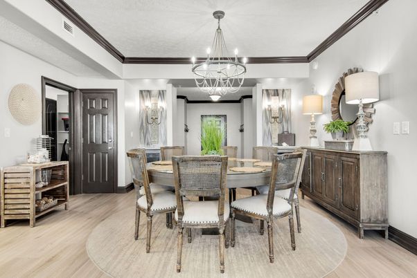 Chandelier, Dining room, Interior, Pendant Lights, Wood Texture Flooring