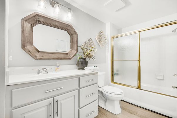 Bathroom, Glass Shower, Interior, Wood Texture Flooring