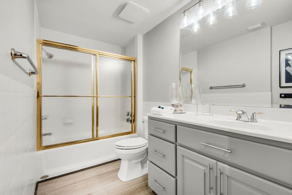 Bathroom, Glass Shower, Interior, Wood Texture Flooring