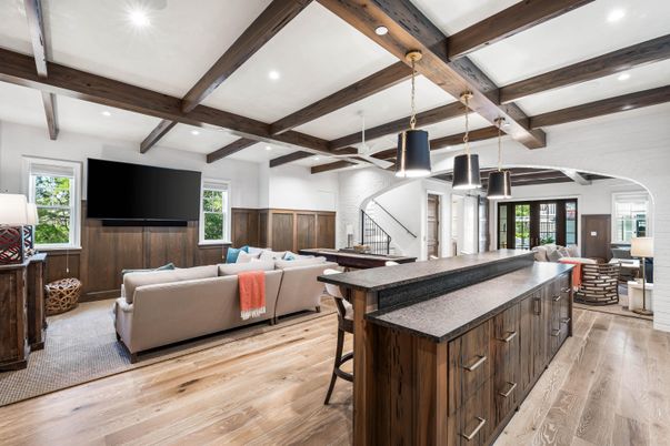 Dining room, Interior, Living room, Pendant Lights, Recessed Lighting, Wooden Beams, Wood Texture Flooring