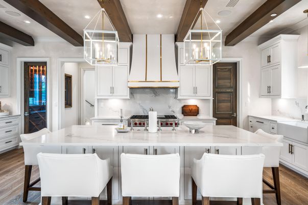 Interior, Kitchen, Pendant Lights, Recessed Lighting, Stainless Steel Appliances, Wooden Beams, Wood Texture Flooring
